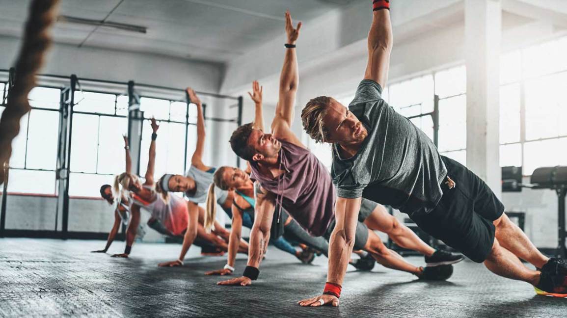 Group exercise in a gym.