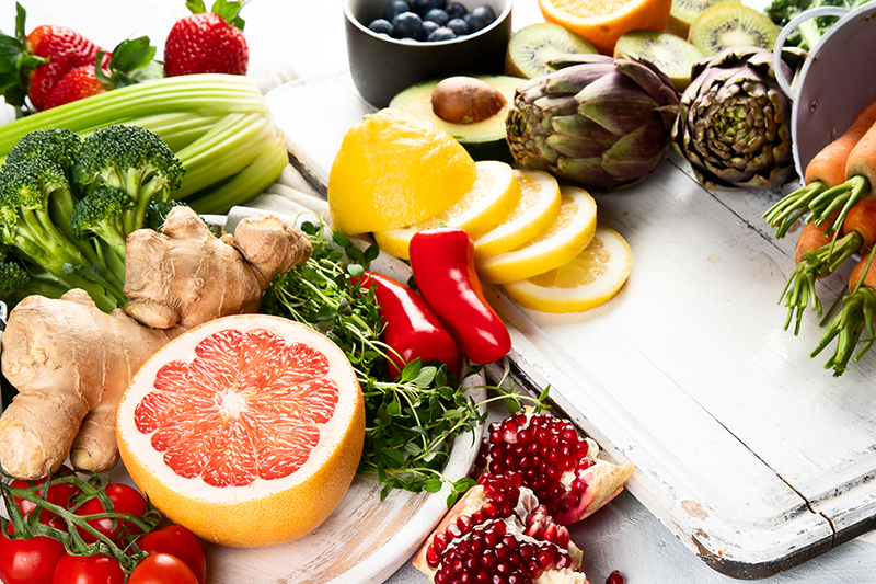 Assortment of healthy food displayed.