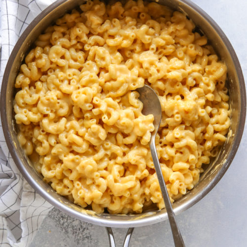 Freshly baked macaroni and cheese dish on display.