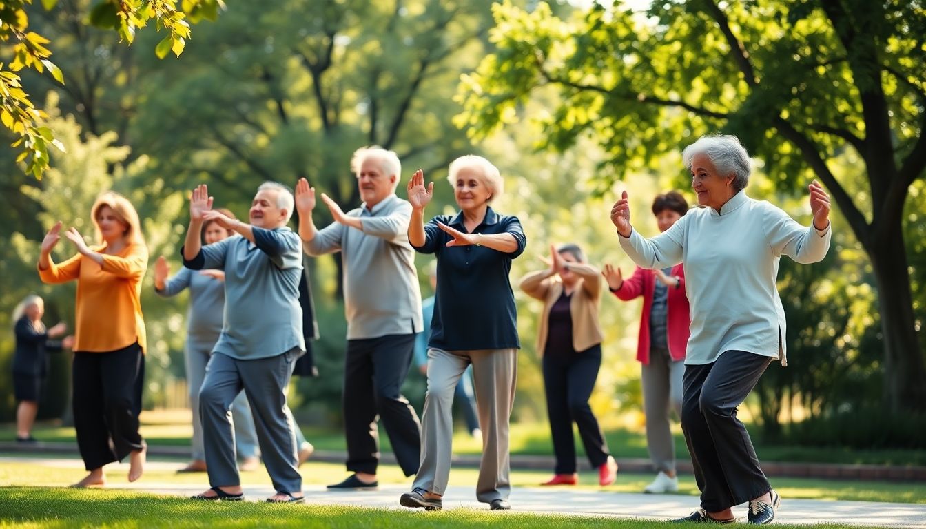 Seniors exercising with Tai Chi