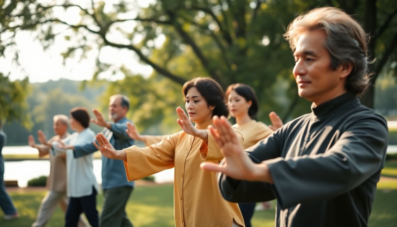 Group of men and women practicing Tai Chi