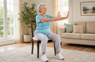 A person practicing slow, gentle Tai Chi movements while seated in a chair