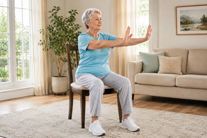 A person practicing slow, gentle Tai Chi movements while seated in a chair